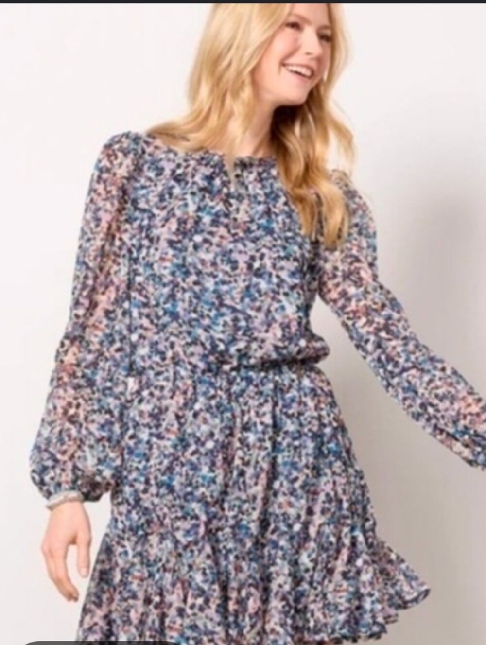 Evereve Blue Pink Floral Long-Sleeve Midi Dress
